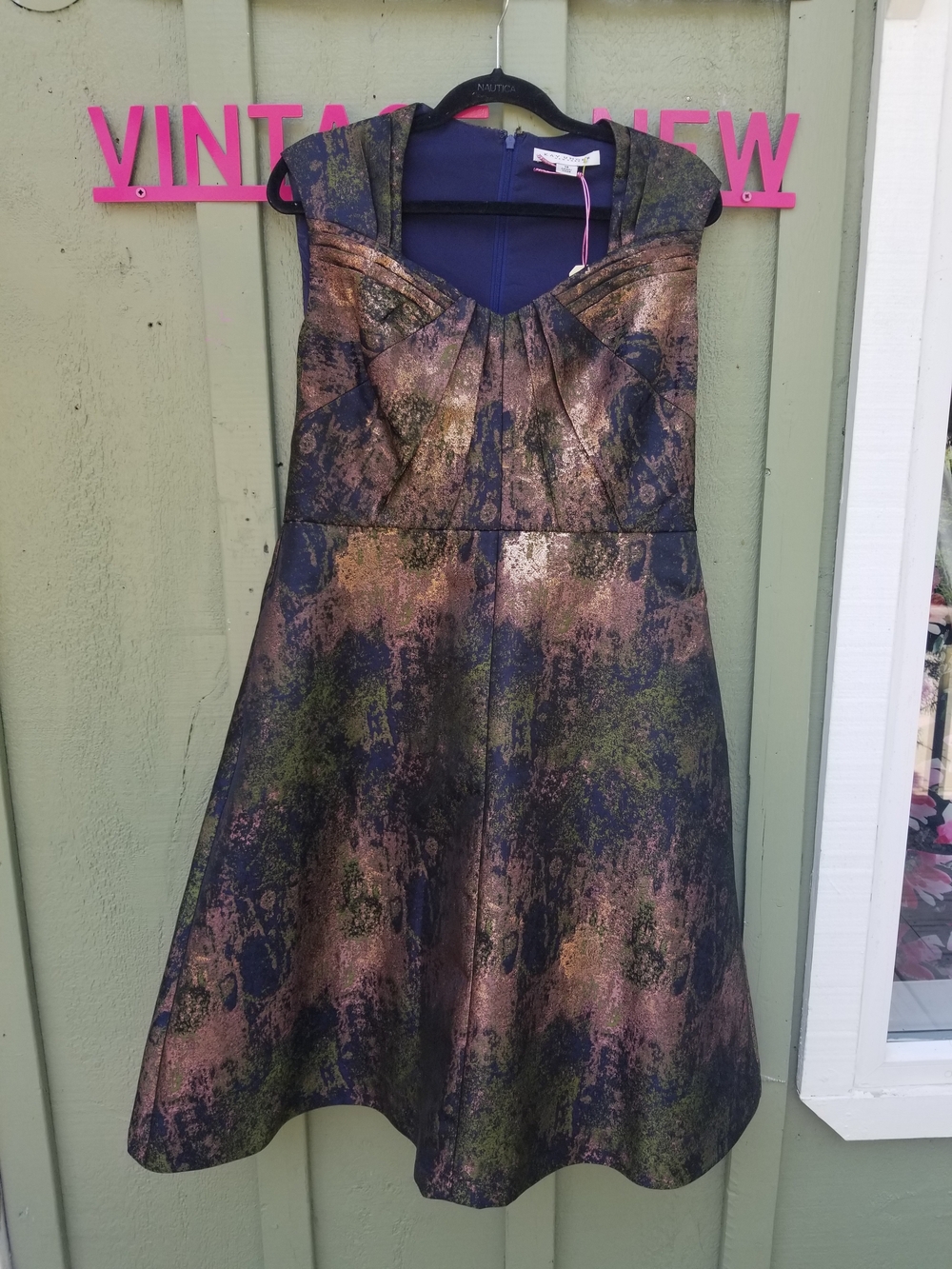 Kay Unger Metallic Bronze Navy Green Brocade Fit-and-Flare Dress